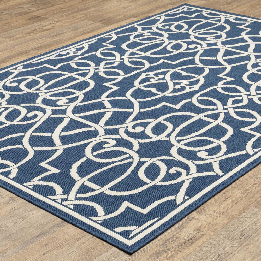 2' x 3' Blue and Ivory Geometric Stain Resistant Indoor Outdoor Area Rug. Picture 6