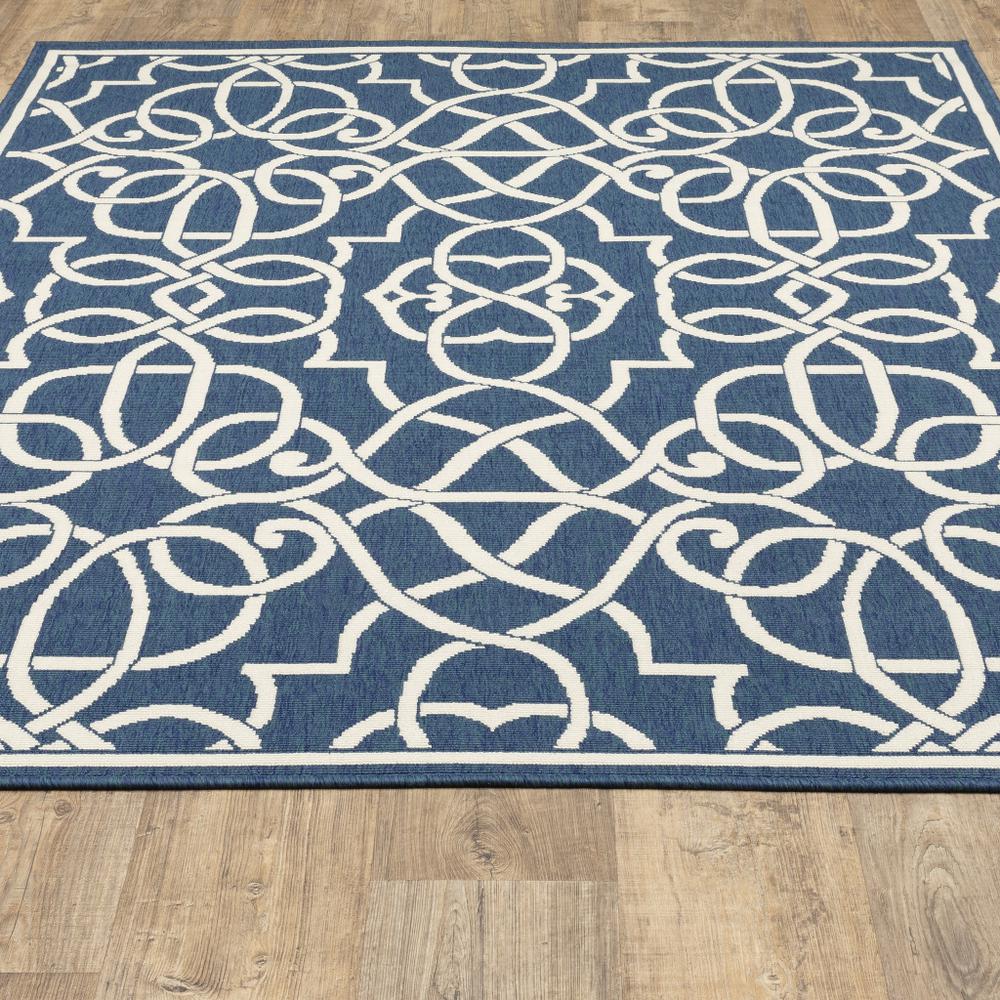 5' x 8' Blue and Ivory Geometric Stain Resistant Indoor Outdoor Area Rug. Picture 9