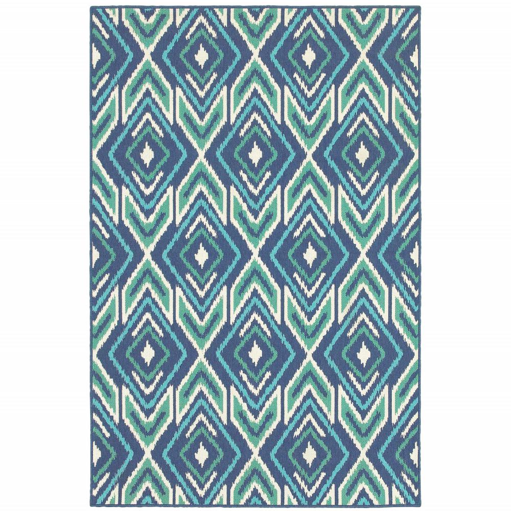 2' x 3' Blue and Ivory Geometric Stain Resistant Indoor Outdoor Area Rug. Picture 1