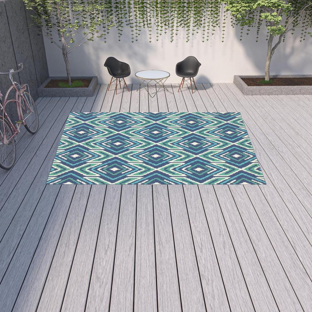 9' X 13' Blue and Ivory Geometric Stain Resistant Indoor Outdoor Area Rug. Picture 2