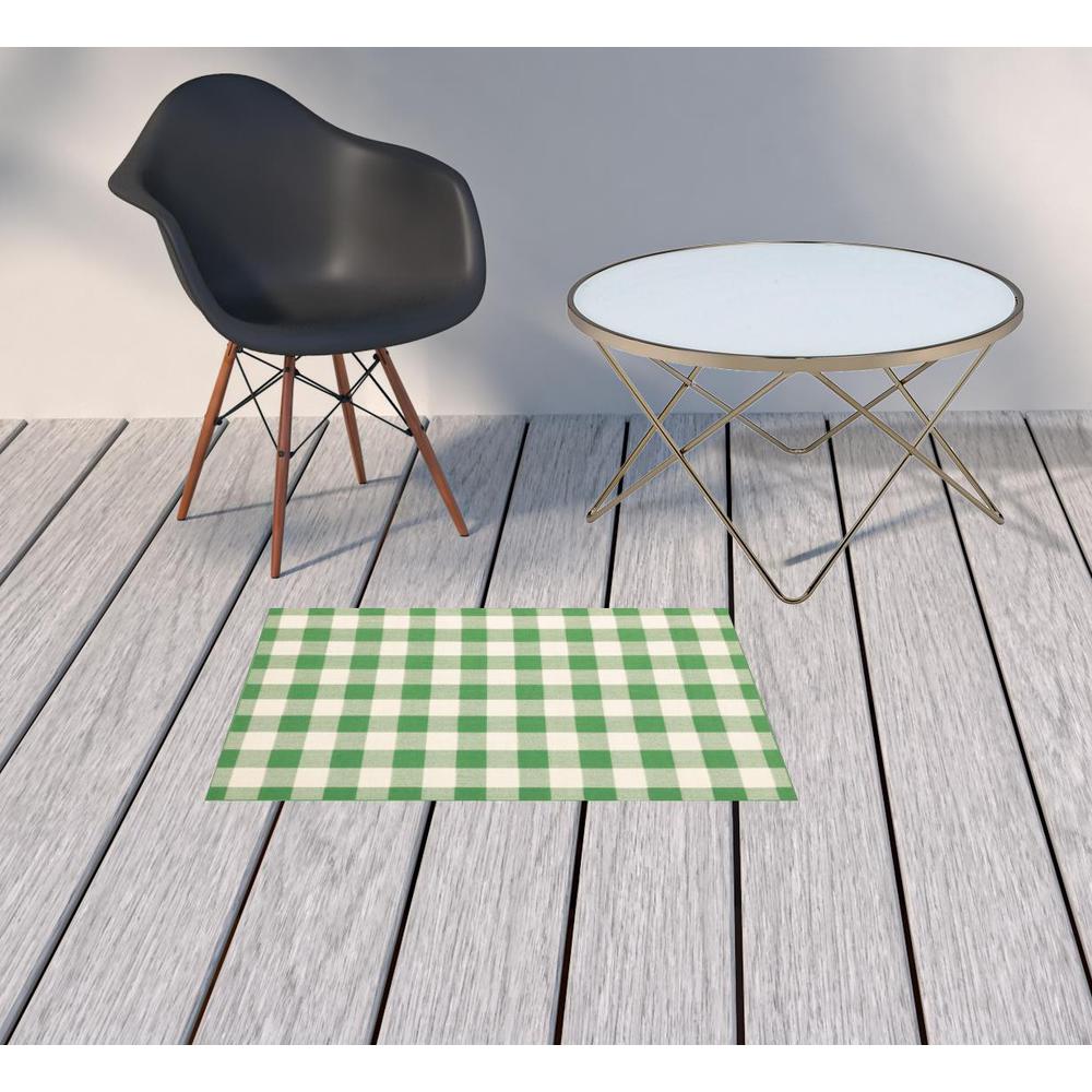 2' x 3' Green and Ivory Geometric Stain Resistant Indoor Outdoor Area Rug. Picture 2