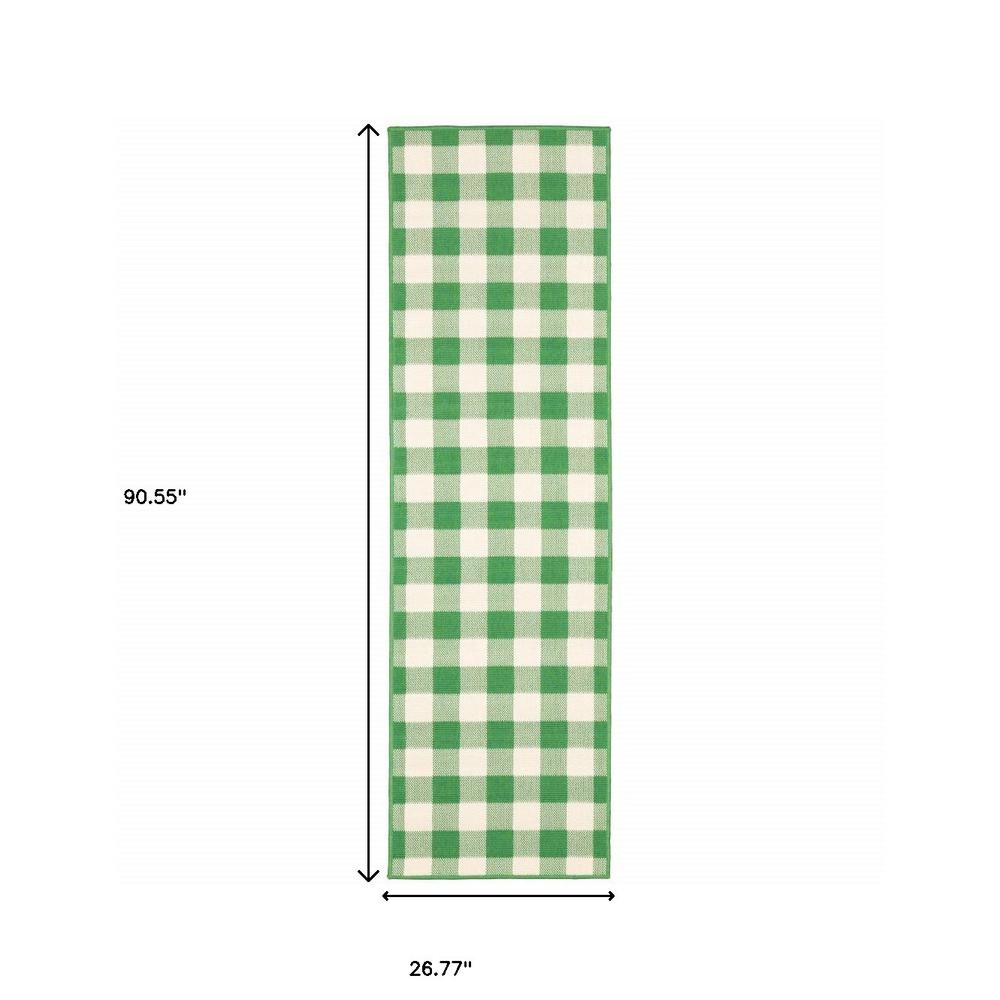 2' X 8' Green and Ivory Geometric Stain Resistant Indoor Outdoor Area Rug. Picture 5