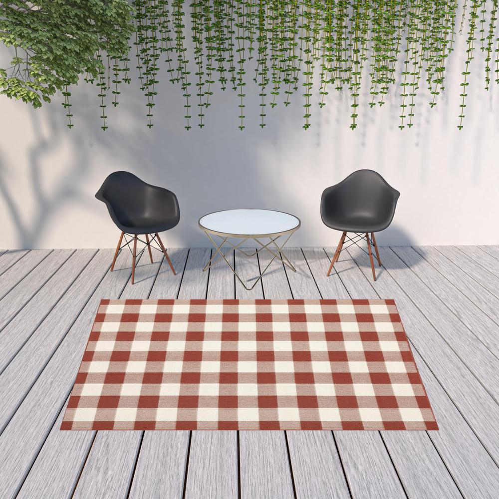 7' x 10' Red and Ivory Geometric Stain Resistant Indoor Outdoor Area Rug. Picture 2