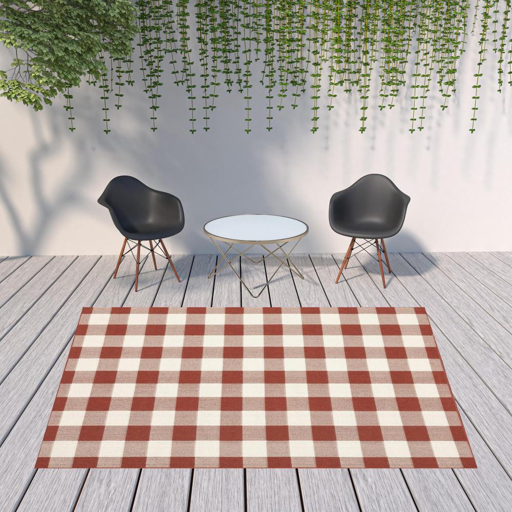 8' x 11' Red and Ivory Geometric Stain Resistant Indoor Outdoor Area Rug. Picture 2