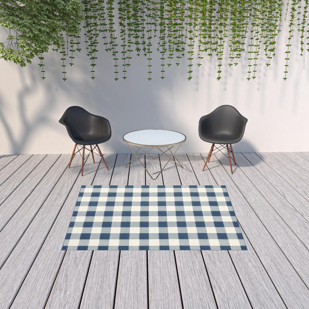5' x 8' Blue and Ivory Geometric Stain Resistant Indoor Outdoor Area Rug. Picture 2