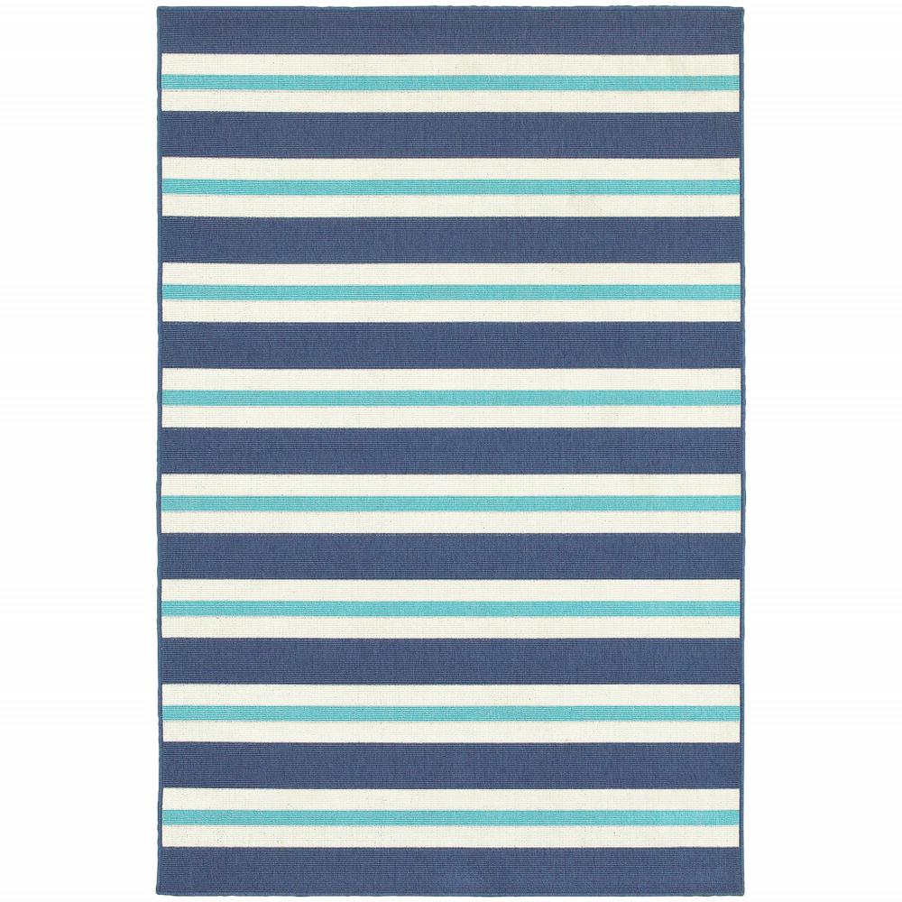 9' X 13' Blue and Ivory Geometric Stain Resistant Indoor Outdoor Area Rug. Picture 1