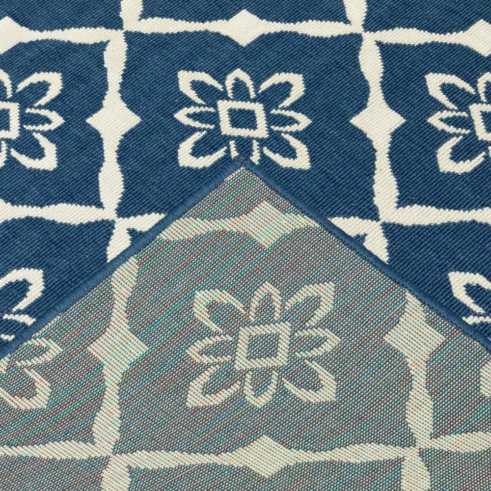 2' X 8' Blue and Ivory Floral Stain Resistant Indoor Outdoor Area Rug. Picture 6