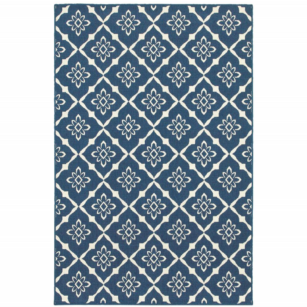 5' x 8' Blue and Ivory Floral Stain Resistant Indoor Outdoor Area Rug. Picture 1