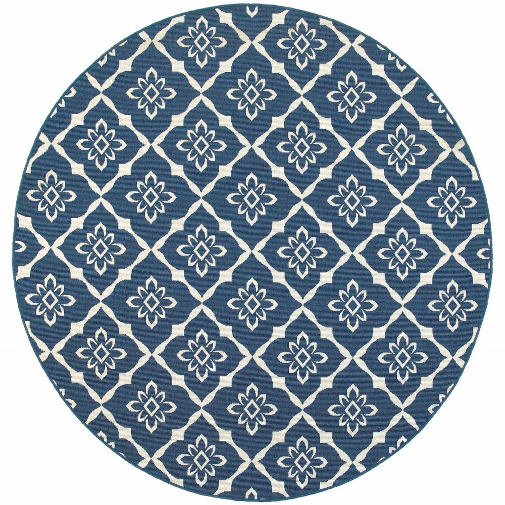8' x 8' Blue and Ivory Round Floral Stain Resistant Indoor Outdoor Area Rug. Picture 1