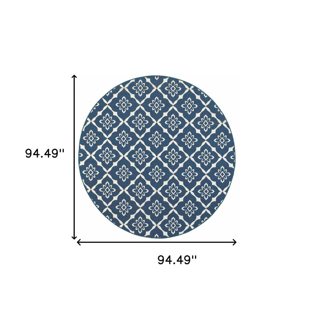8' x 8' Blue and Ivory Round Floral Stain Resistant Indoor Outdoor Area Rug. Picture 4