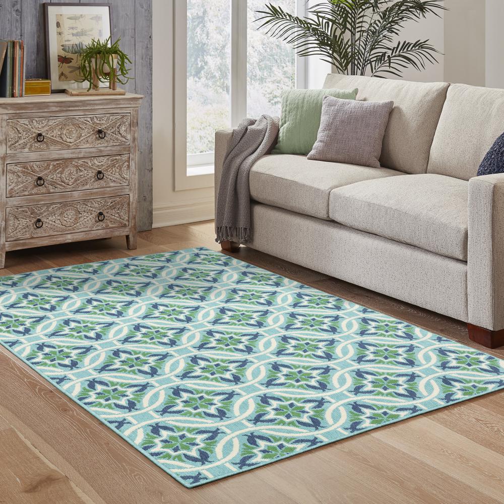 2' x 3' Blue and Green Geometric Stain Resistant Indoor Outdoor Area Rug. Picture 8
