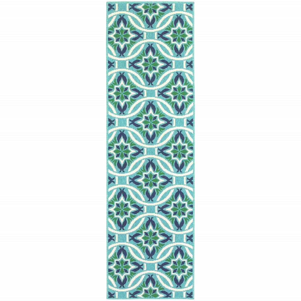 2' X 8' Blue and Green Geometric Stain Resistant Indoor Outdoor Area Rug. Picture 1