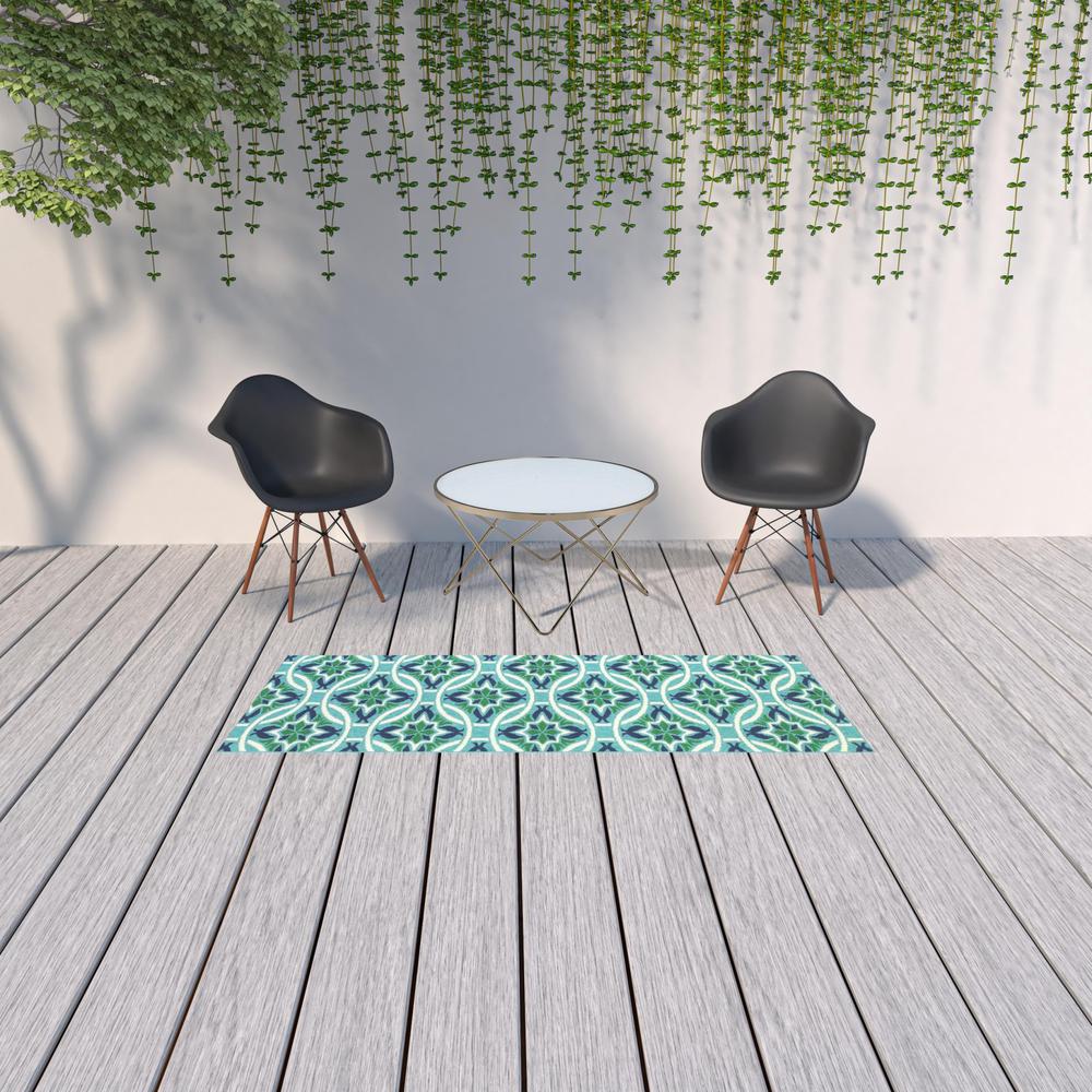 2' X 8' Blue and Green Geometric Stain Resistant Indoor Outdoor Area Rug. Picture 4