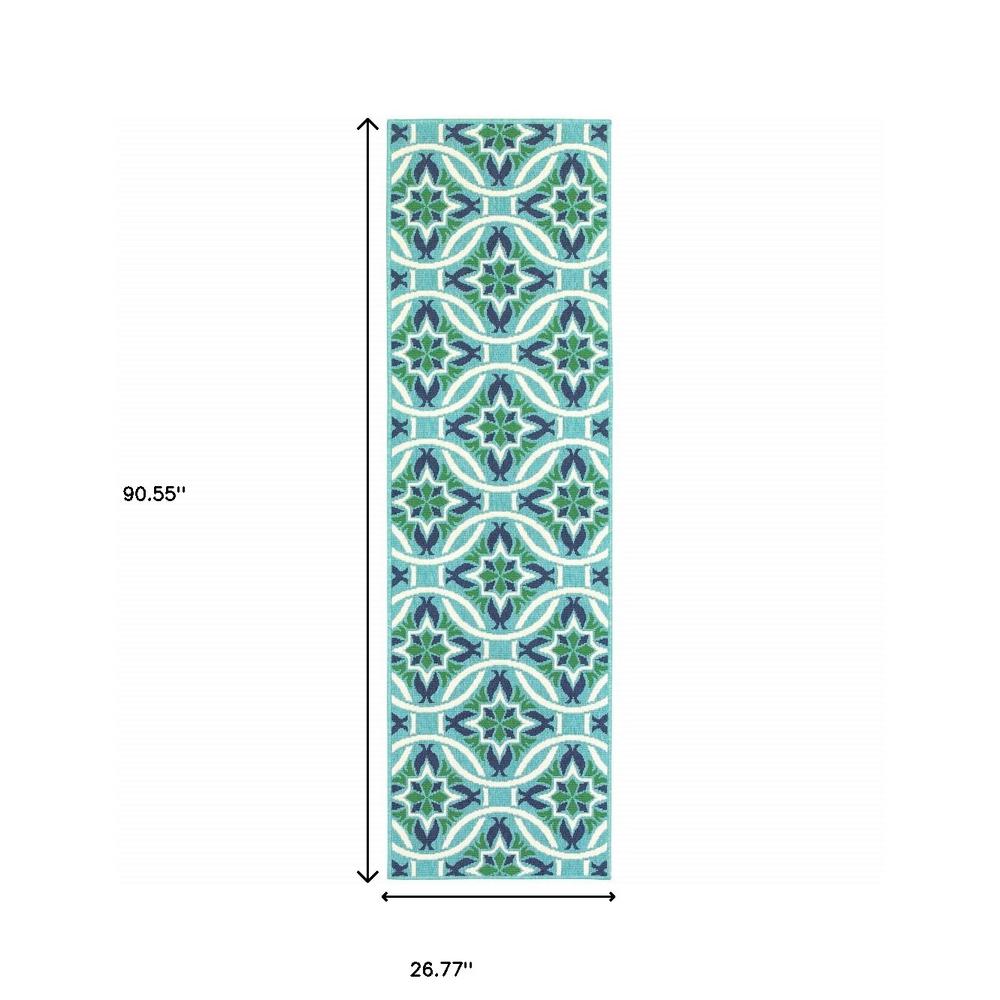 2' X 8' Blue and Green Geometric Stain Resistant Indoor Outdoor Area Rug. Picture 8