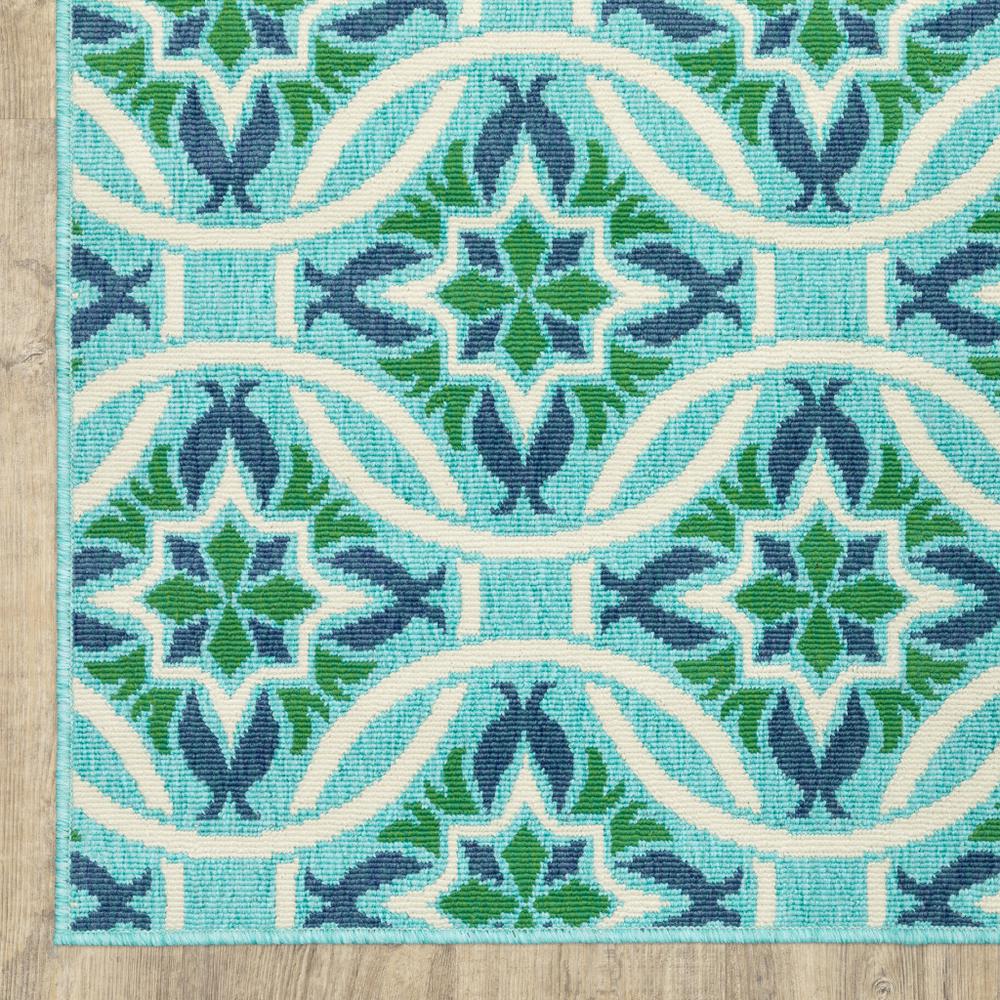2' X 8' Blue and Green Geometric Stain Resistant Indoor Outdoor Area Rug. Picture 2