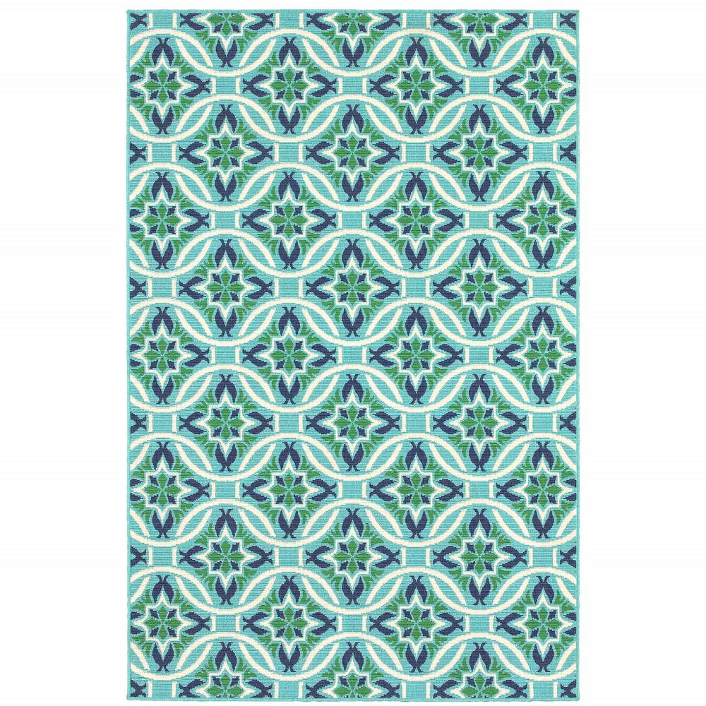 5' x 8' Blue and Green Geometric Stain Resistant Indoor Outdoor Area Rug. Picture 1