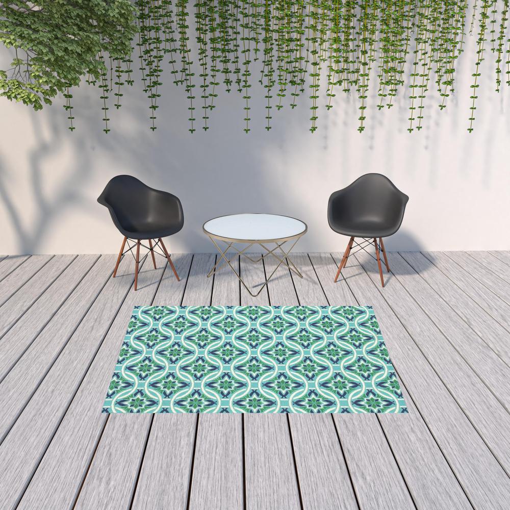 5' x 8' Blue and Green Geometric Stain Resistant Indoor Outdoor Area Rug. Picture 2