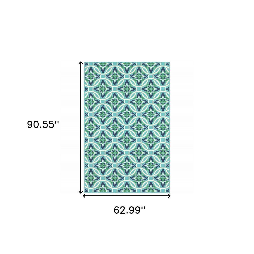 5' x 8' Blue and Green Geometric Stain Resistant Indoor Outdoor Area Rug. Picture 9