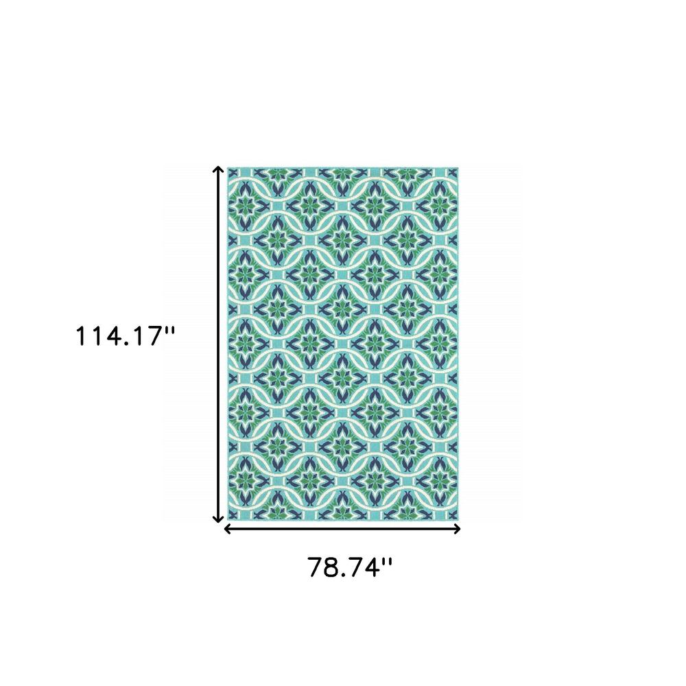 7' x 10' Blue and Green Geometric Stain Resistant Indoor Outdoor Area Rug. Picture 9