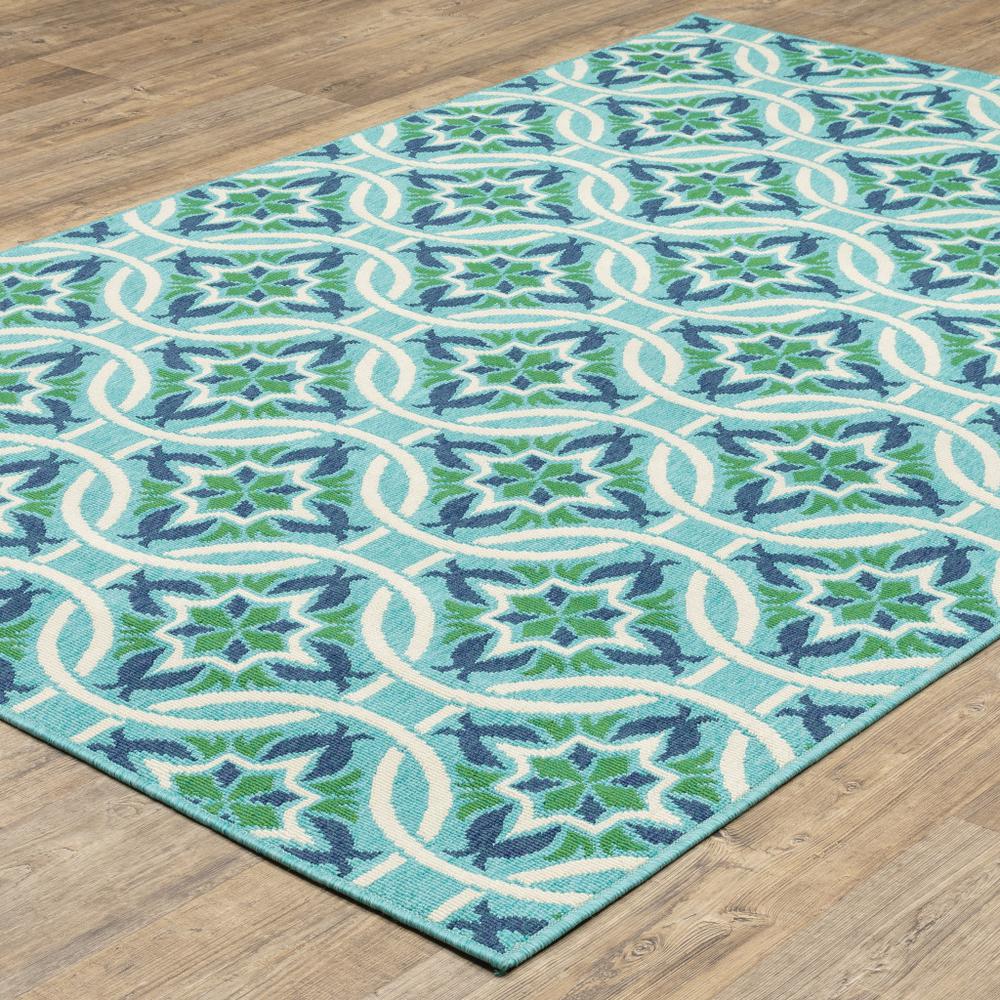 7' x 10' Blue and Green Geometric Stain Resistant Indoor Outdoor Area Rug. Picture 5