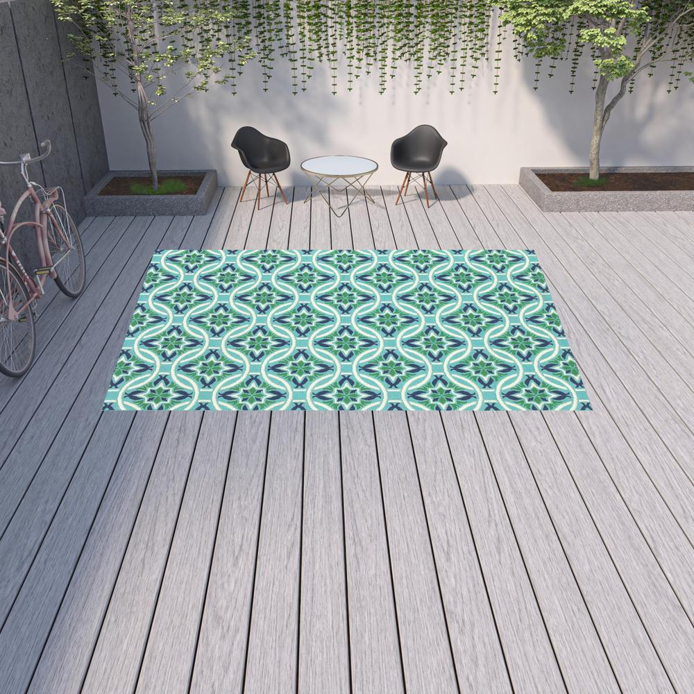 9' X 13' Blue and Green Geometric Stain Resistant Indoor Outdoor Area Rug. Picture 2