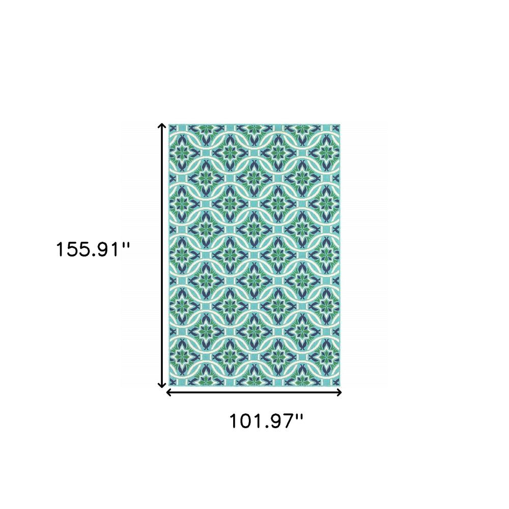 9' X 13' Blue and Green Geometric Stain Resistant Indoor Outdoor Area Rug. Picture 9