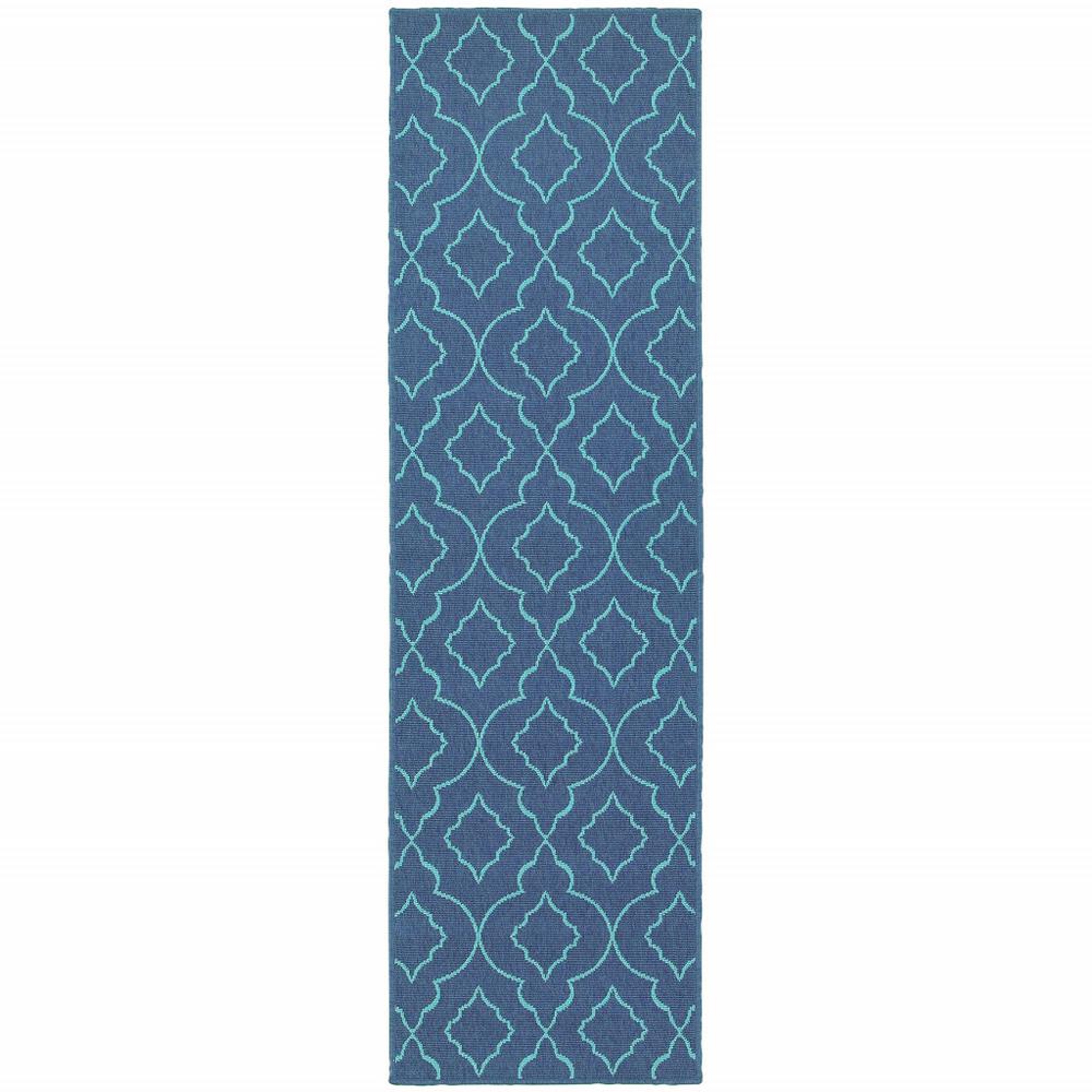 2' X 8' Blue Geometric Stain Resistant Indoor Outdoor Area Rug. Picture 1