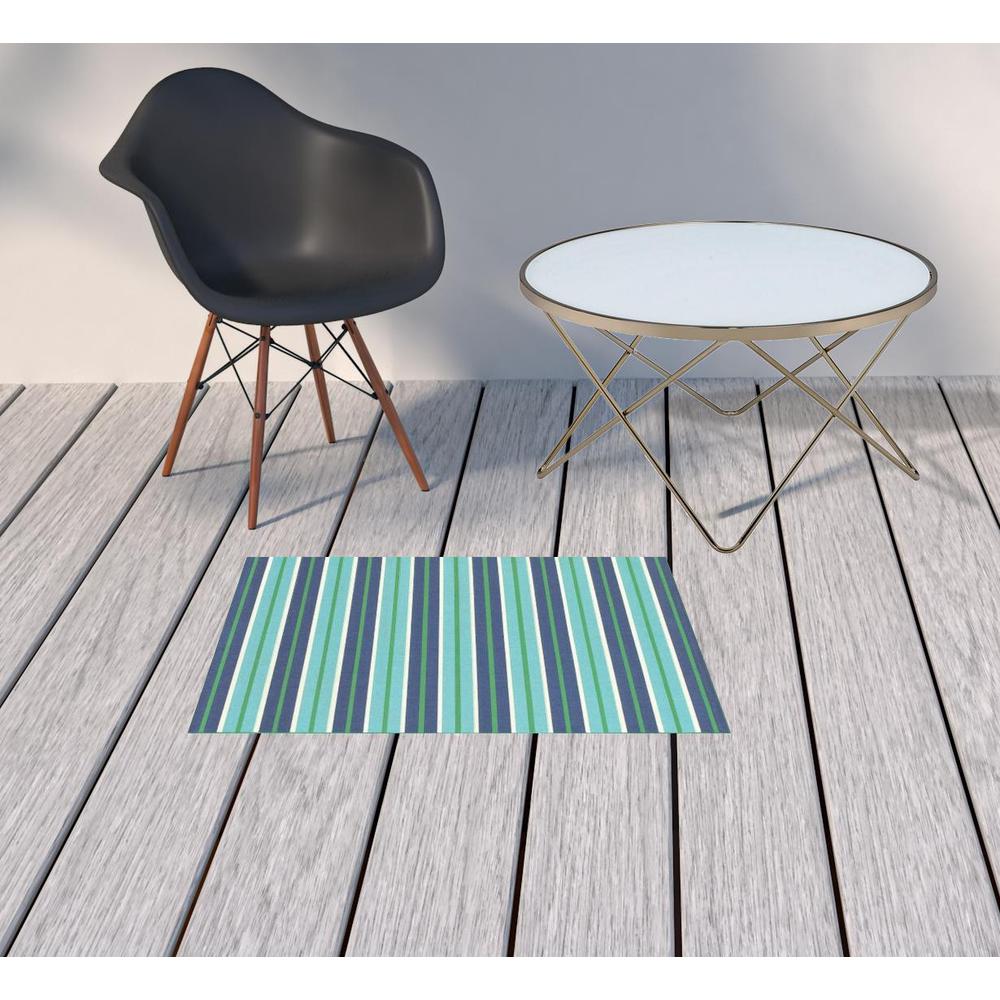 2' x 3' Blue and Green Geometric Stain Resistant Indoor Outdoor Area Rug. Picture 2