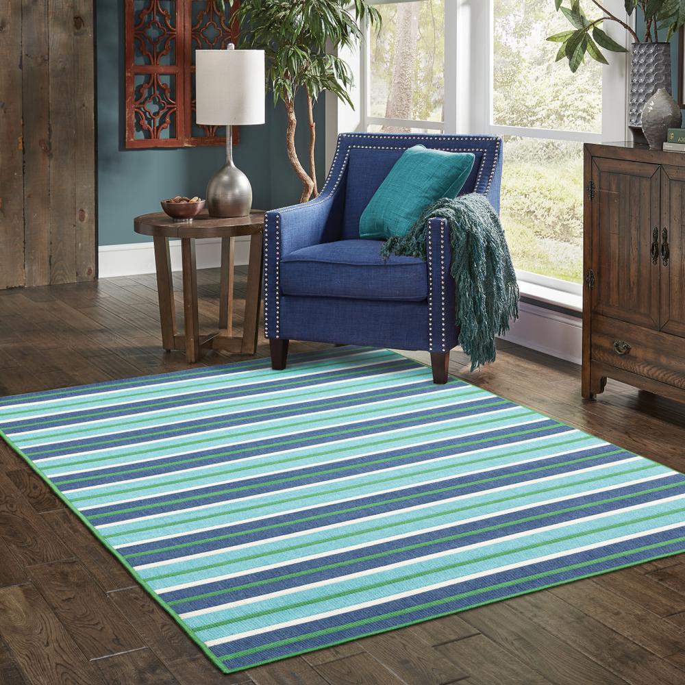 4' x 6' Blue and Green Geometric Stain Resistant Indoor Outdoor Area Rug. Picture 9