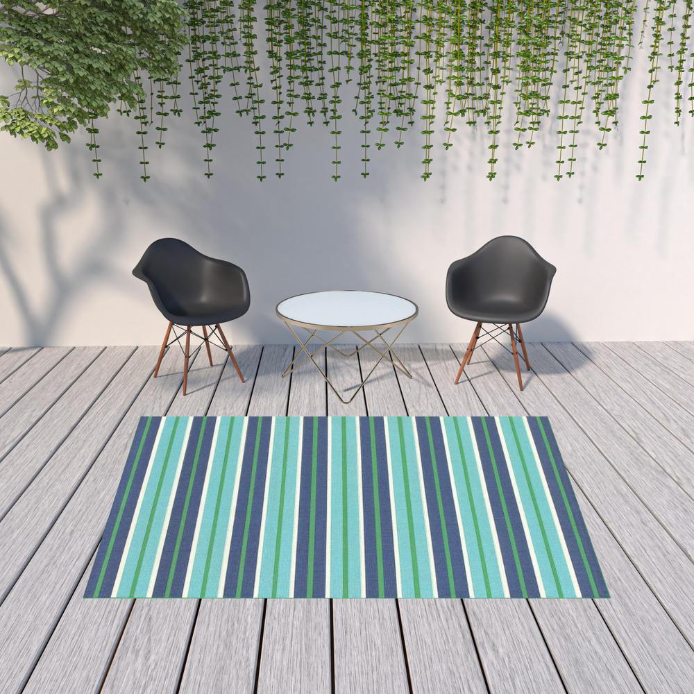 7' x 10' Blue and Green Geometric Stain Resistant Indoor Outdoor Area Rug. Picture 2