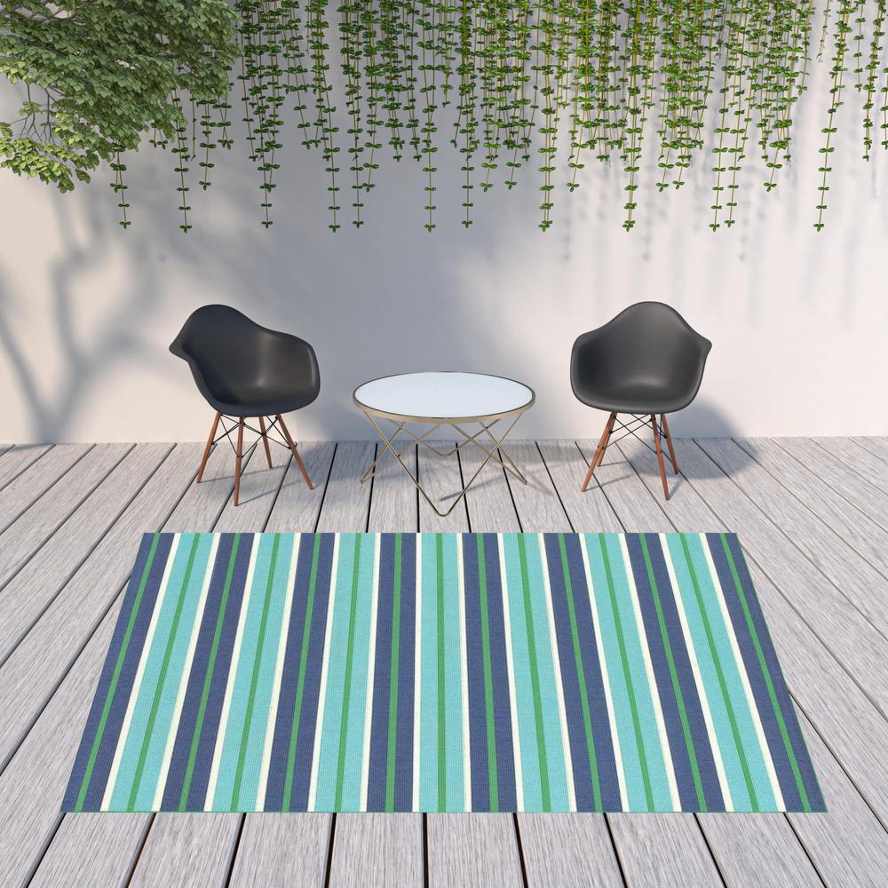 8' x 11' Blue and Green Geometric Stain Resistant Indoor Outdoor Area Rug. Picture 2