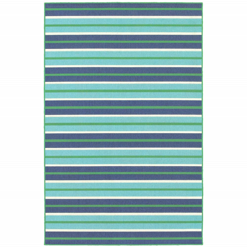 9' X 13' Blue and Green Geometric Stain Resistant Indoor Outdoor Area Rug. Picture 1