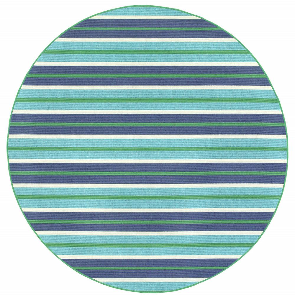 8' x 8' Blue and Green Round Geometric Stain Resistant Indoor Outdoor Area Rug. Picture 1
