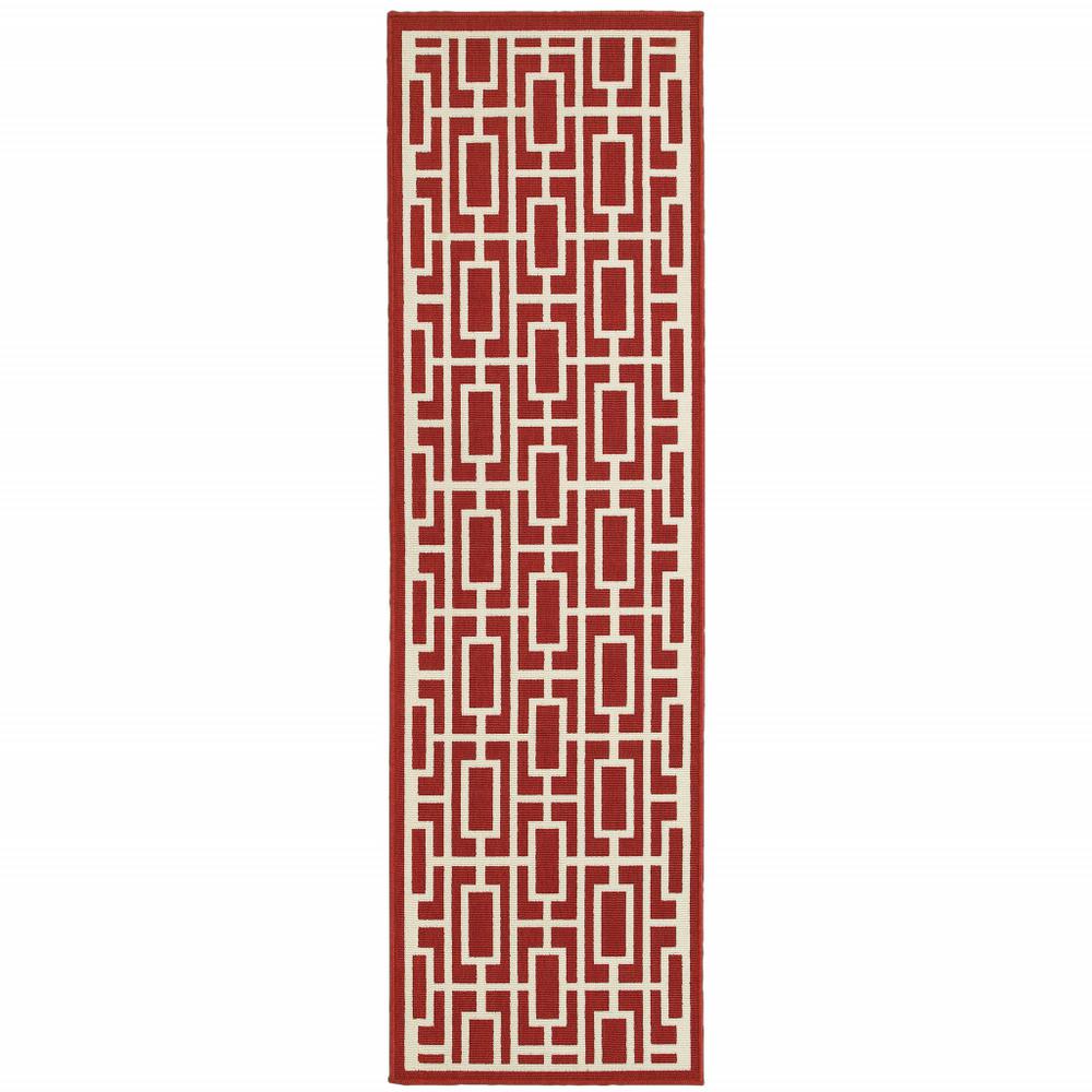 2' X 8' Red and Ivory Geometric Stain Resistant Indoor Outdoor Area Rug. Picture 1
