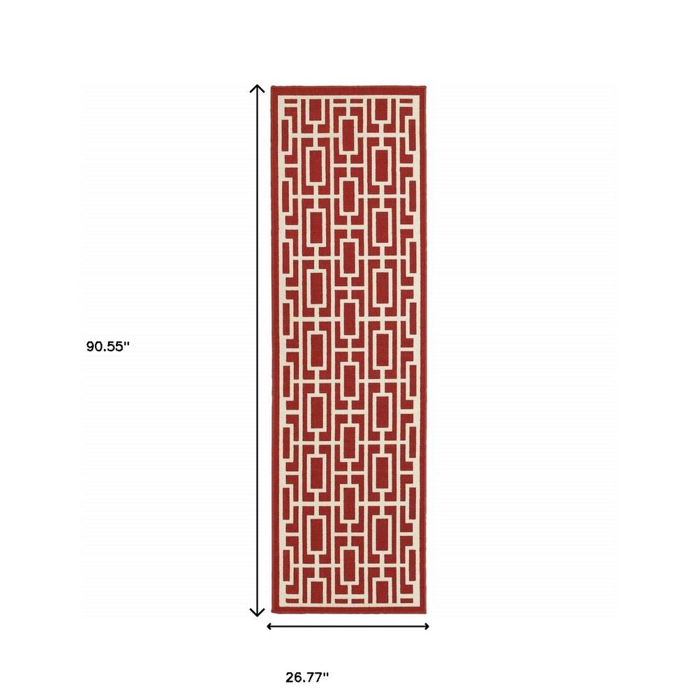 2' X 8' Red and Ivory Geometric Stain Resistant Indoor Outdoor Area Rug. Picture 4
