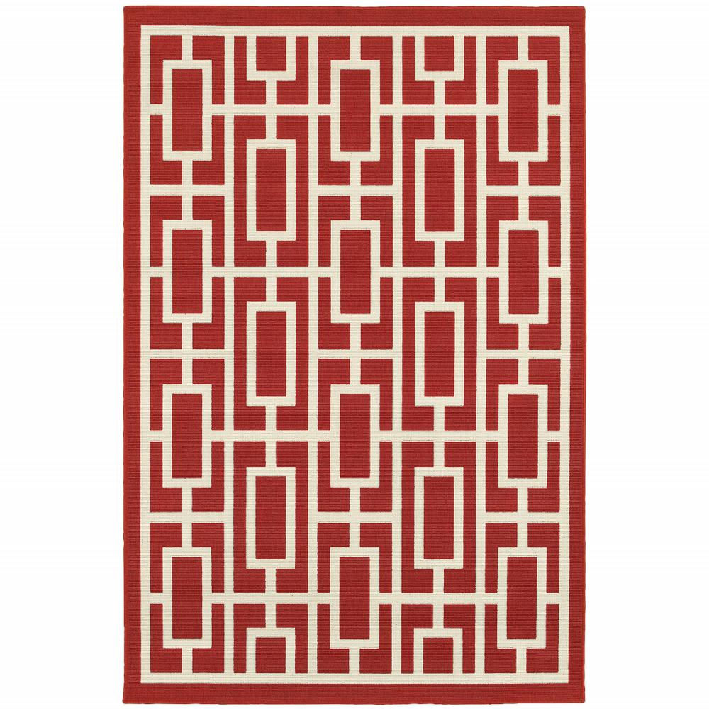 4' x 6' Red and Ivory Geometric Stain Resistant Indoor Outdoor Area Rug. Picture 1