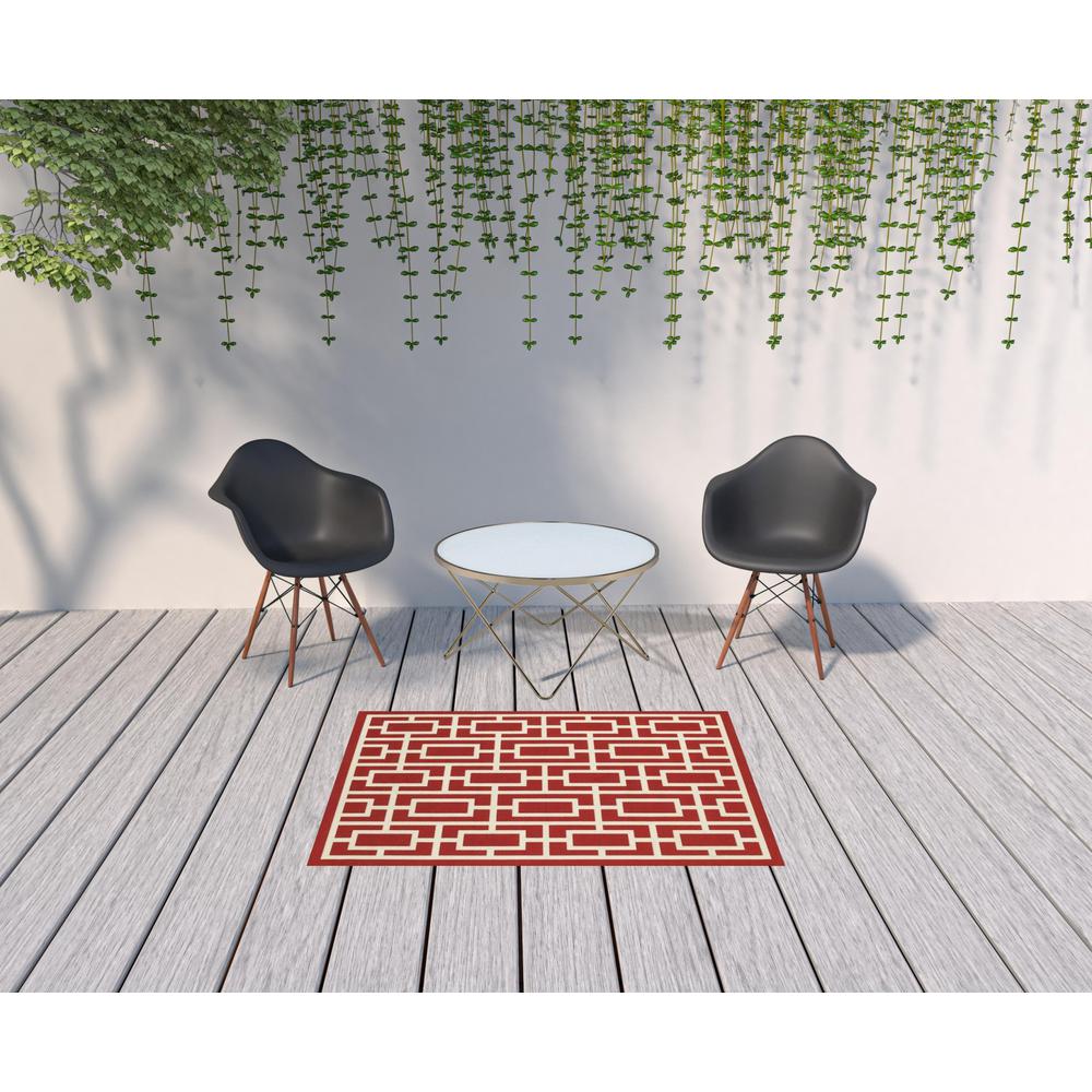 4' x 6' Red and Ivory Geometric Stain Resistant Indoor Outdoor Area Rug. Picture 2