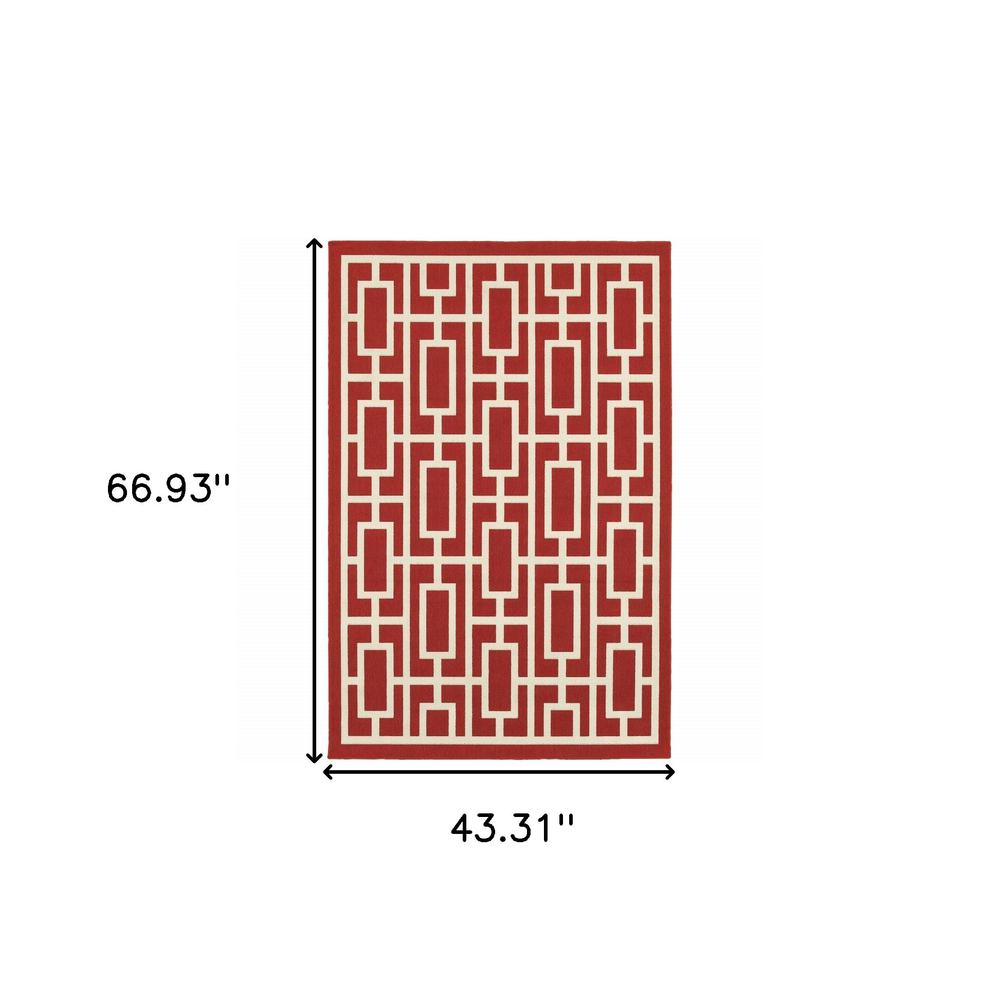 4' x 6' Red and Ivory Geometric Stain Resistant Indoor Outdoor Area Rug. Picture 5