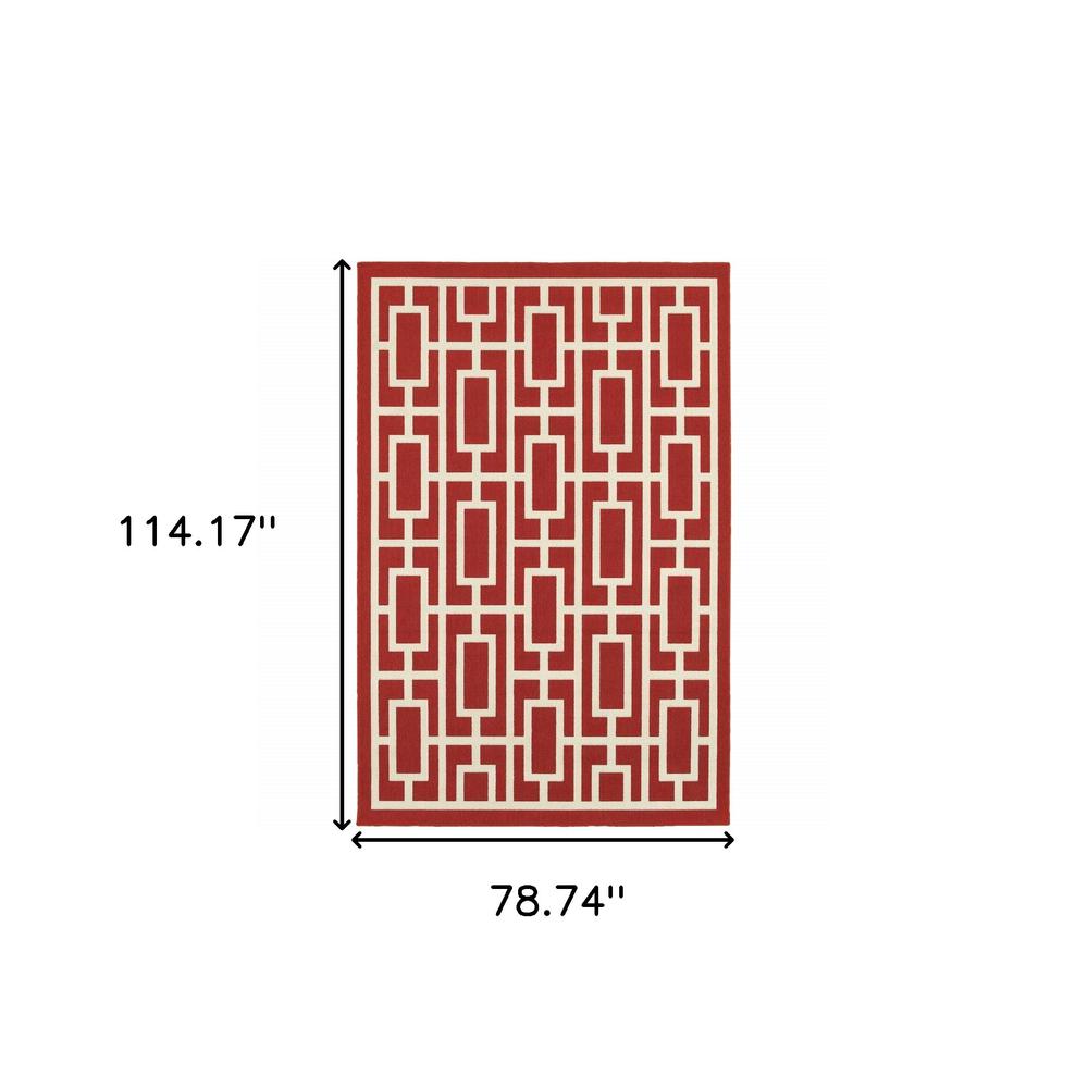 7' x 10' Red and Ivory Geometric Stain Resistant Indoor Outdoor Area Rug. Picture 5