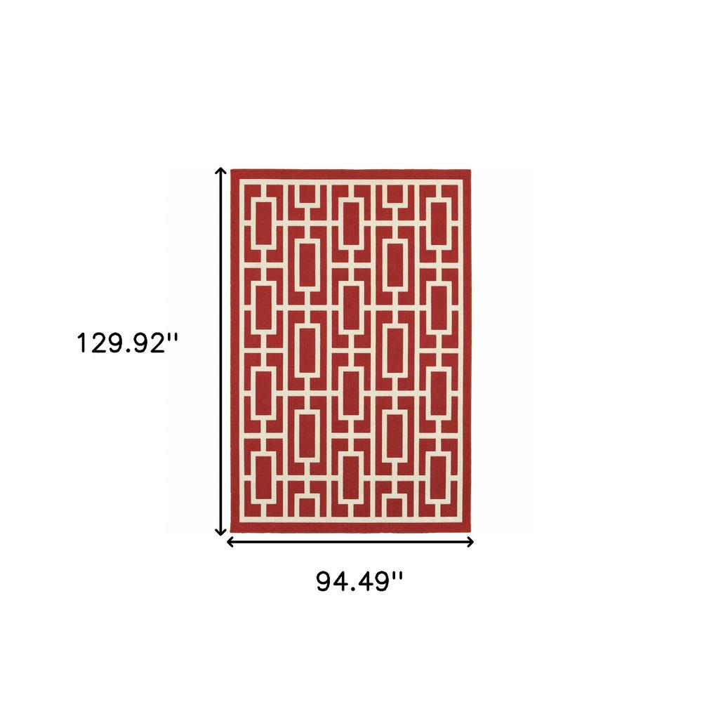 8' x 11' Red and Ivory Geometric Stain Resistant Indoor Outdoor Area Rug. Picture 5
