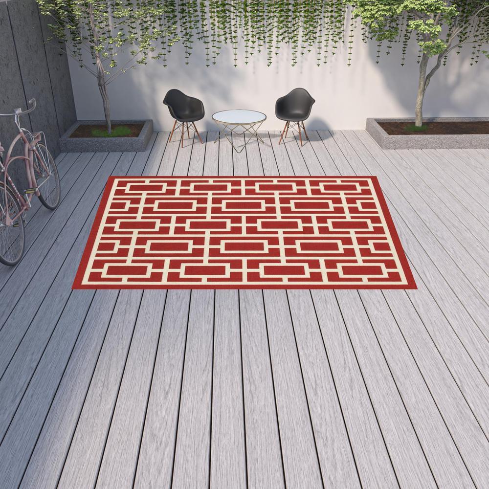 9' X 13' Red and Ivory Geometric Stain Resistant Indoor Outdoor Area Rug. Picture 2