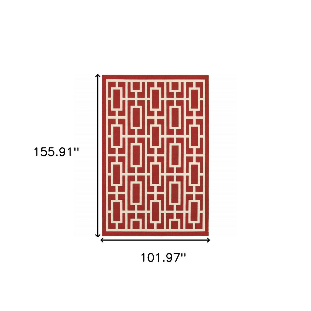 9' X 13' Red and Ivory Geometric Stain Resistant Indoor Outdoor Area Rug. Picture 5