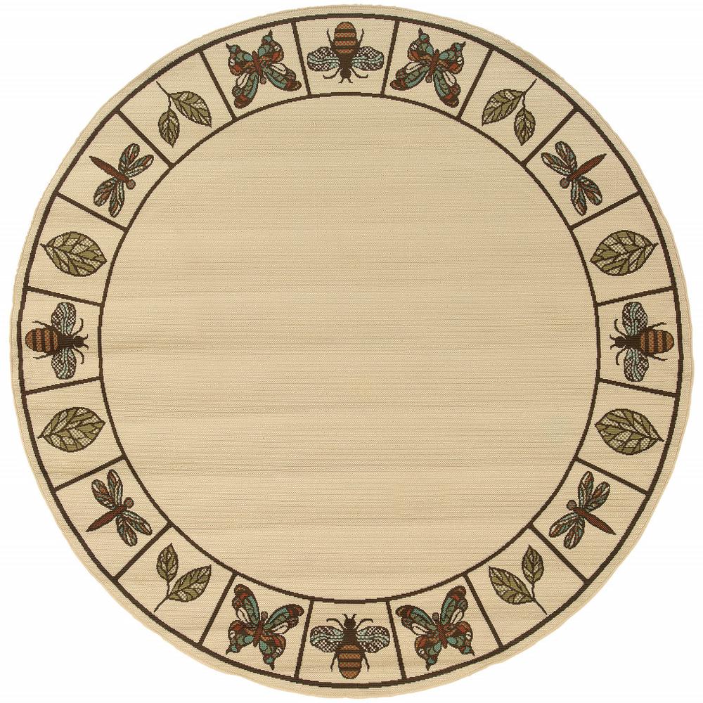 8' x 8' Brown and Ivory Round Abstract Stain Resistant Indoor Outdoor Area Rug. Picture 1