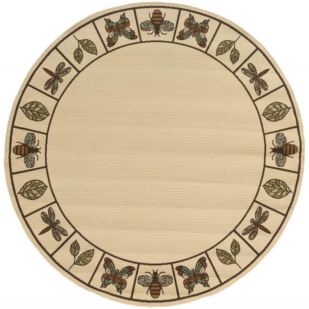 8' x 8' Brown and Ivory Round Abstract Stain Resistant Indoor Outdoor Area Rug. Picture 2