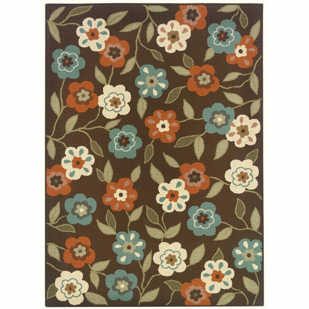 5' x 8' Brown and Ivory Floral Stain Resistant Indoor Outdoor Area Rug. Picture 1