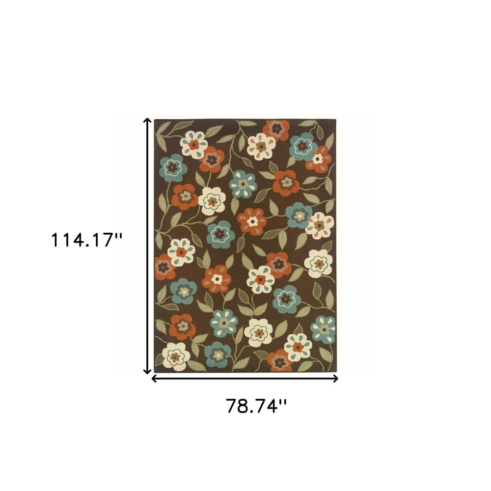 7' x 10' Brown and Ivory Floral Stain Resistant Indoor Outdoor Area Rug. Picture 5