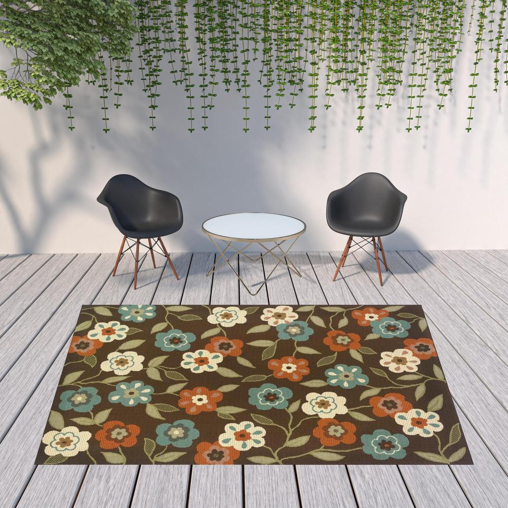 8' x 11' Brown and Ivory Floral Stain Resistant Indoor Outdoor Area Rug. Picture 2
