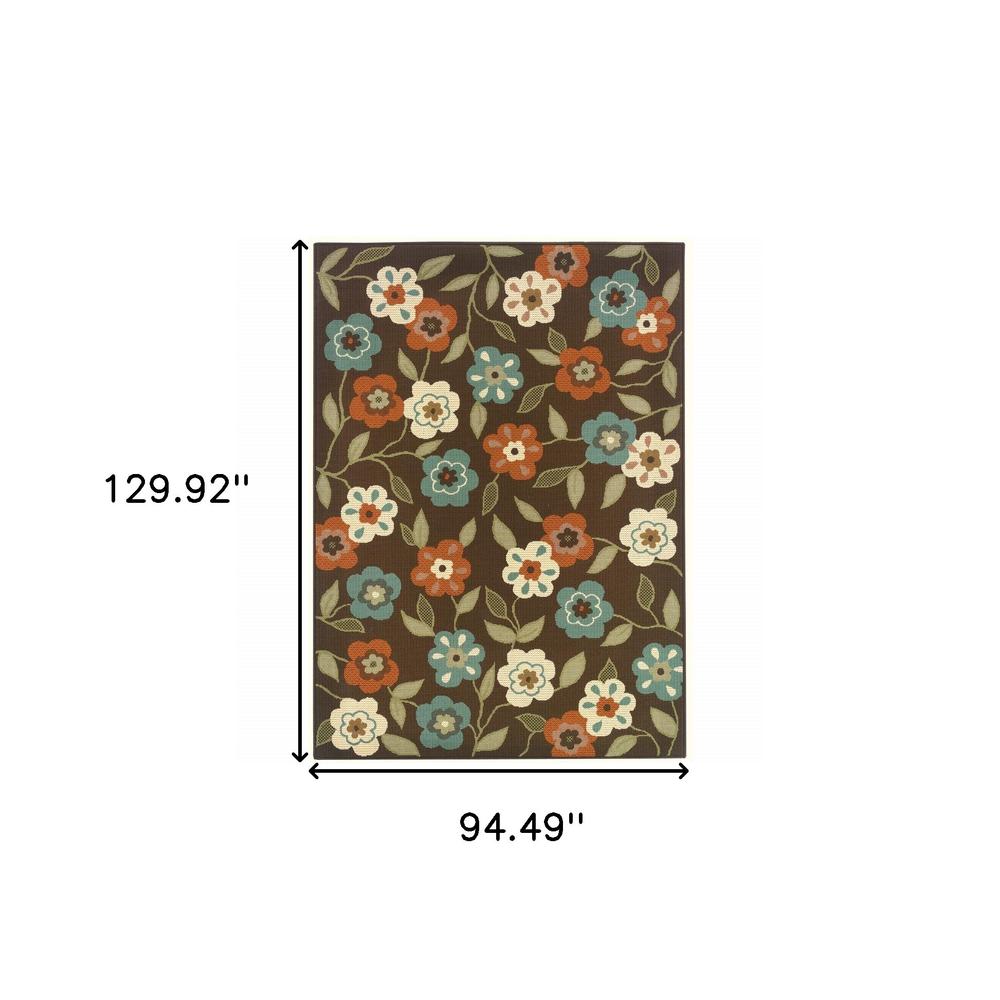8' x 11' Brown and Ivory Floral Stain Resistant Indoor Outdoor Area Rug. Picture 5