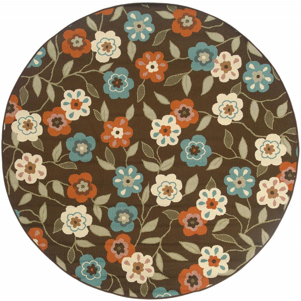 8' x 8' Brown and Ivory Round Floral Stain Resistant Indoor Outdoor Area Rug. Picture 1