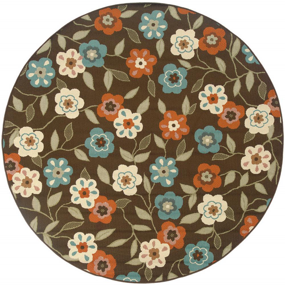 8' x 8' Brown and Ivory Round Floral Stain Resistant Indoor Outdoor Area Rug. Picture 2